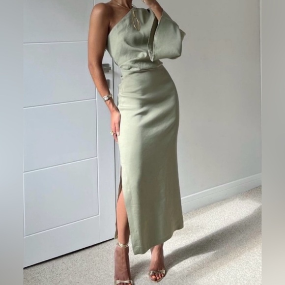 Zara Khaki Asymmetric Linen Blend Midi Dress - Picture 5 of 7